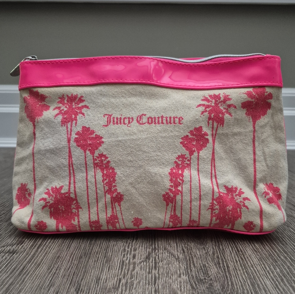 Juicy Couture Cosmetic Bag. Neon Pivk Patent + Linen Colored Fabric Palm Tree